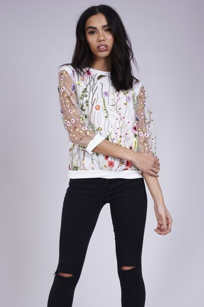 White Mesh Embroidered Flower Top